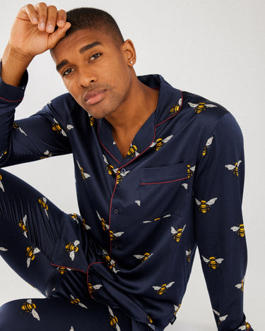 Men's Navy Bee Satin Button Up Long Pyjama Set